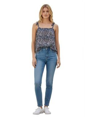 Elan Leaf Print Tie Strap Raw Hem Top In Black Sizes Medium